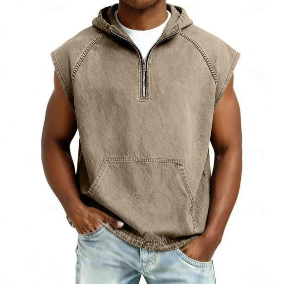 Yaoyar Tank Top for Men Workout Gym Sleeveless Hoodies Relaxed Fit Vintage Distressed Washed Shirts 1/4 Zip Pullover Top