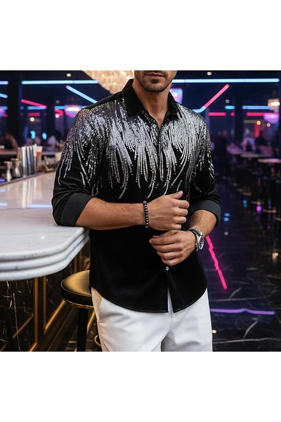 Trends Mens Disco Outfits Shirts Sequins Long Sleeve Metallic Button Down Shirt 70s Outfits for Men Party Costume