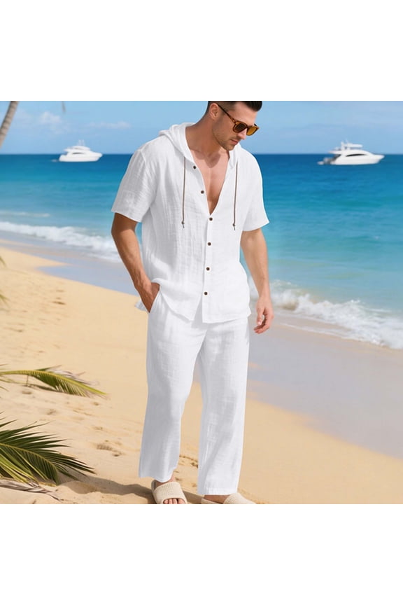 Two Piece Set Summer for Men Holiday Long Sleeve Shirts Matching Set Long Pants Linen Drawstring with Hooded