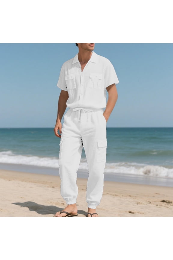 Two Piece Sets Mens 2026 Short Sleeve Button Down Shirt Cargo Pants Outfit Utility Pockets Solid Casual Comfort Suit