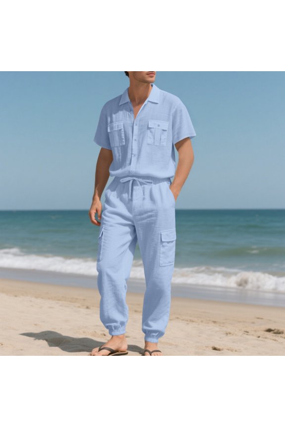 Two Piece Sets Mens 2026 Short Sleeve Button Down Shirt Cargo Pants Outfit Utility Pockets Solid Casual Comfort Suit