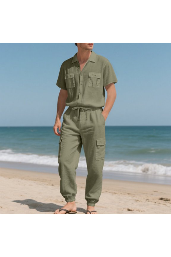 Two Piece Sets Mens 2026 Short Sleeve Button Down Shirt Cargo Pants Outfit Utility Pockets Solid Casual Comfort Suit