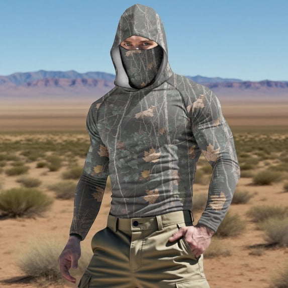 Yaoyar UNISEX Summer Sun Protection Tops with Face Mas Casual Camouflage Long Sleeved Hooded Ice Silk Sunscreen Cool Fishing Shirts UPF 50+ Rush Guard Hoodies for Outdoor