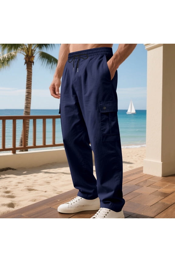 Utility Casual Pants for Men, Solid Color Elastic Waist Trousers with Drawstring and Multiple Pockets, Durable Daily Bottoms