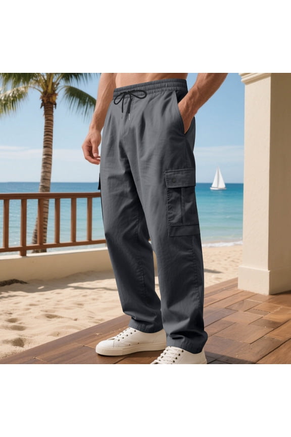 Utility Casual Pants for Men, Solid Color Elastic Waist Trousers with Drawstring and Multiple Pockets, Durable Daily Bottoms