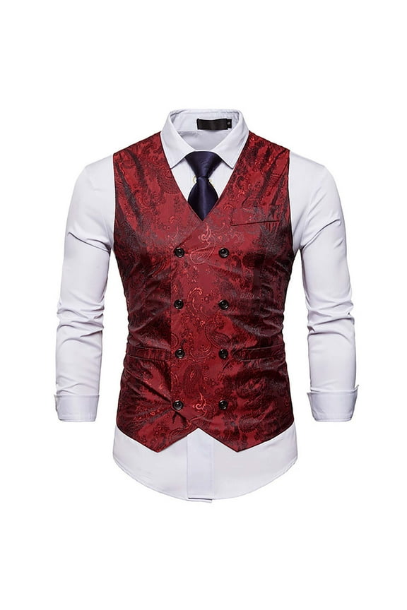 Vests For Men Autumn And Winter Party Brocade Casual Vest Jacket With Winter Fashion Personality Vest Jacket Casual Print Double Breasted Blazer Jacket Red 2XL