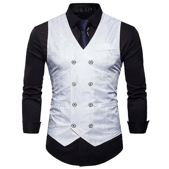 Yaoyar Vests For Men Autumn And Winter Party Brocade Casual Vest Jacket With Winter Fashion Personality Vest Jacket Casual Print Double Breasted Blazer Jacket White M