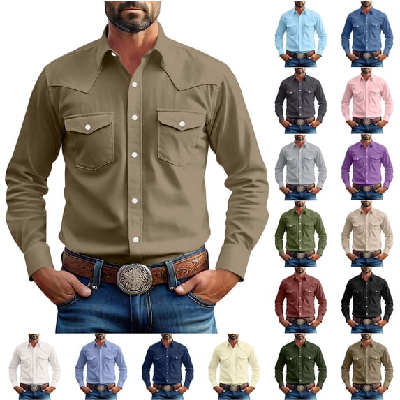 Yaoyar Western Shirt for Men Long Sleeve Snap Button Down Cowboy Top with Flap Pockets Casual Vintage Work Shirts Soft Breathable Fabric