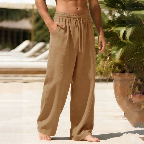 Yaoyar Wide Leg Linen Pants for Man Summer Drawstring Elastic Waist Flowy Lounge Pant Loose Fit Dressy Trousers with Pockets