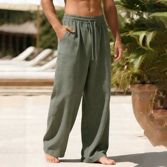 Yaoyar Wide Leg Linen Pants for Man Summer Drawstring Elastic Waist Flowy Lounge Pant Loose Fit Dressy Trousers with Pockets