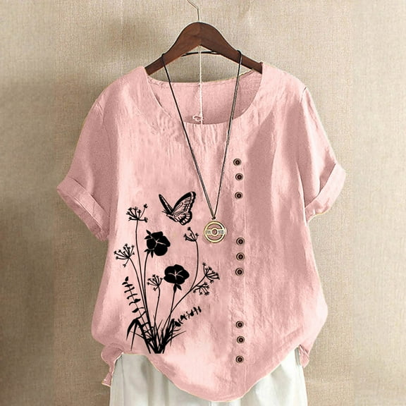 Yaoyar Women's Blouse Short Sleeve Embroidered Floral Print Shirts Casual Round Neck Button Tops