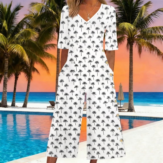 Ounisa Women's Capri Jumpsuit Bohemia Fashion Printed Short Sleeves V-Neck Loose Comfy Wide Leg Dressy Casual Rompers
