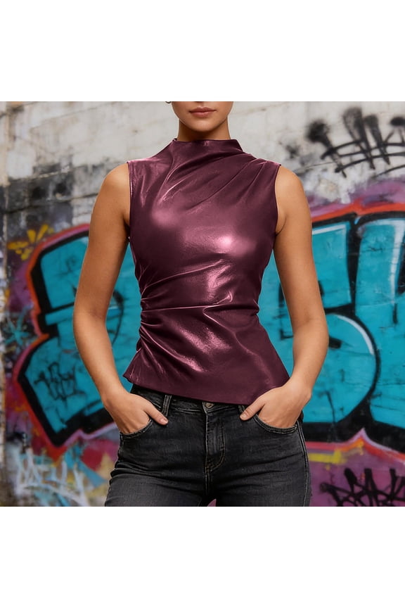Women's Sexy PU Leather Sleeveless Tank Tops Pleated Slim Fit Mock Neck Asymmetrical Ruched Blouse T Shirt with Zipper