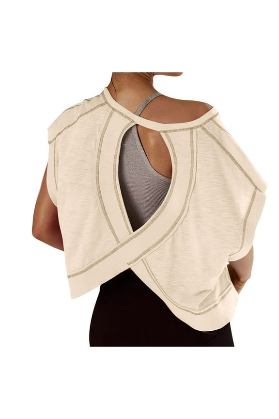 Womens Open Back Workout Tops Backless Short Sleeve Athletic Shirt Running Crop Top Gym Yoga Tee