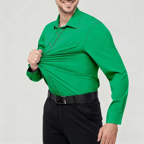 Yaoyar Wrinkle Resistant Dress Shirt for Men, Solid Color Long Sleeve Button Down Collared Top with Stretch, Easy Care Formal Wear