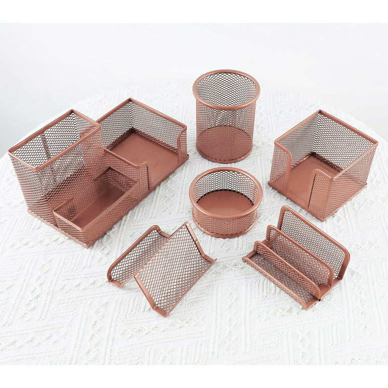 Rose Gold Desk Organizer, Office Desk Accessories with Pen Holder for desk,  Desktop Organization with Phone Holder, Sticky Note Tray, Paperclip
