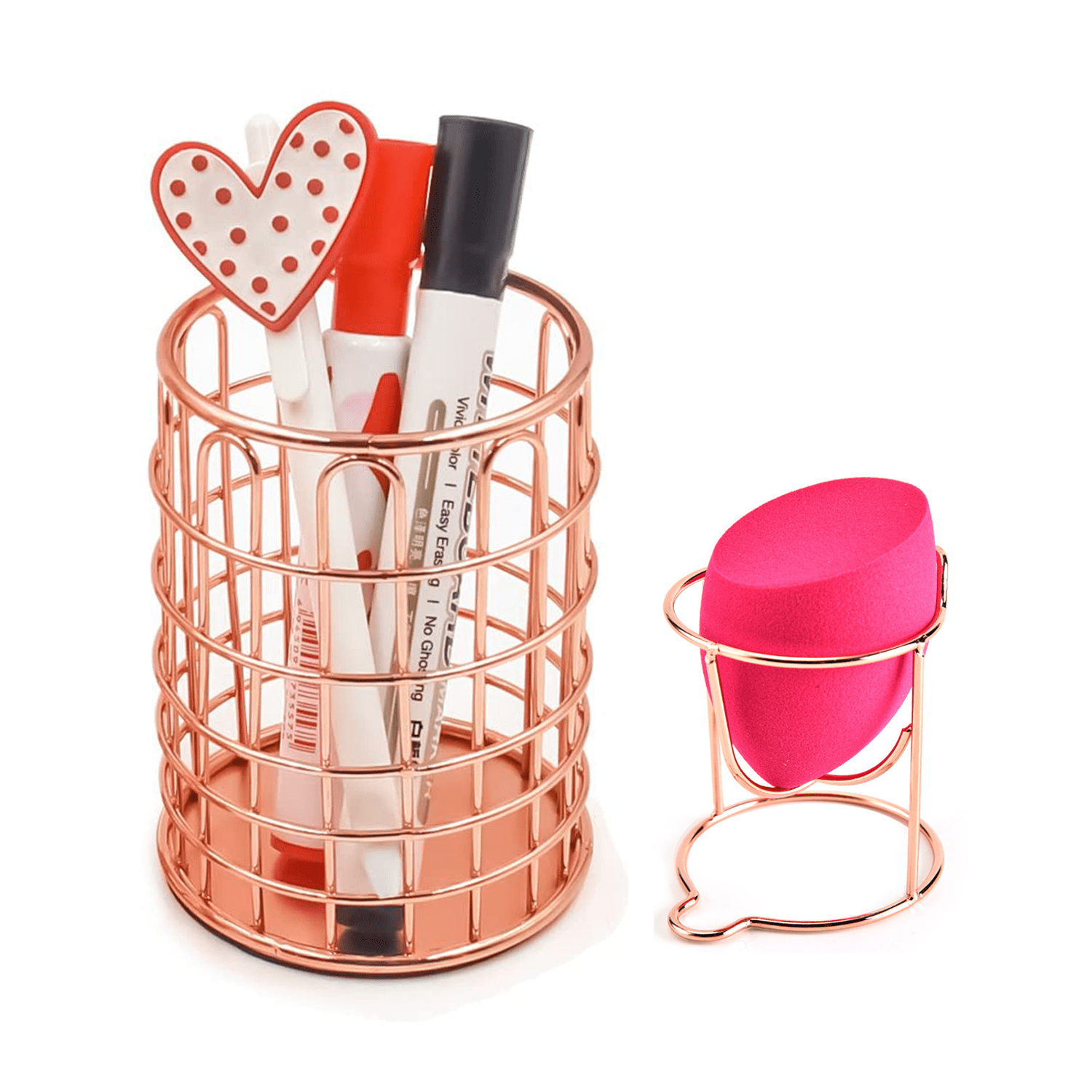Yapicoco Makeup Brush Holder and Beauty Sponge Blender Holder Set for vanity, 2 Pack Cosmetic Makeup Organizer Cup Storage Solution for Desk, Rose Gold Pen Holder for Office and Home Dcor