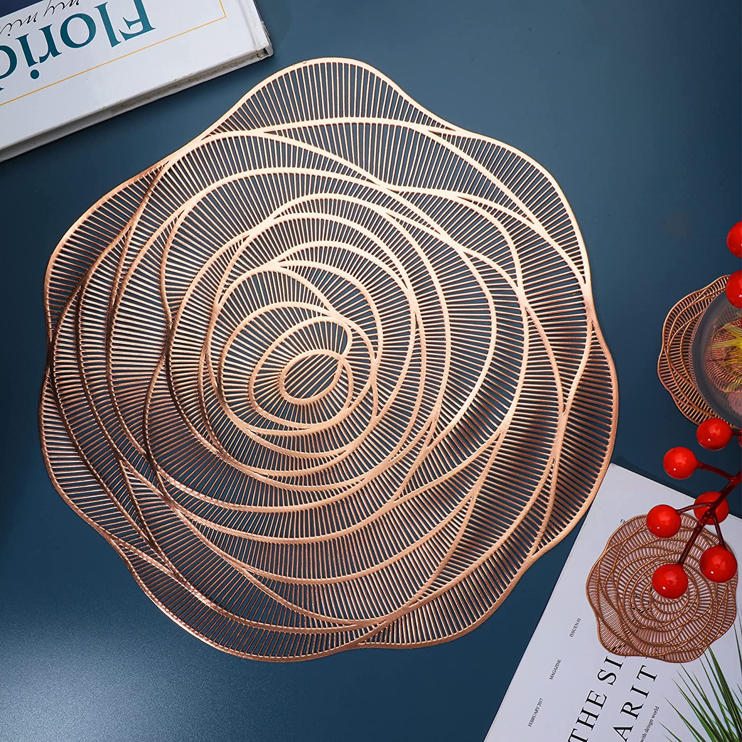 Yapicoco Rose Gold Round Placemats Set of 6 Pressed Metallic Vinyl