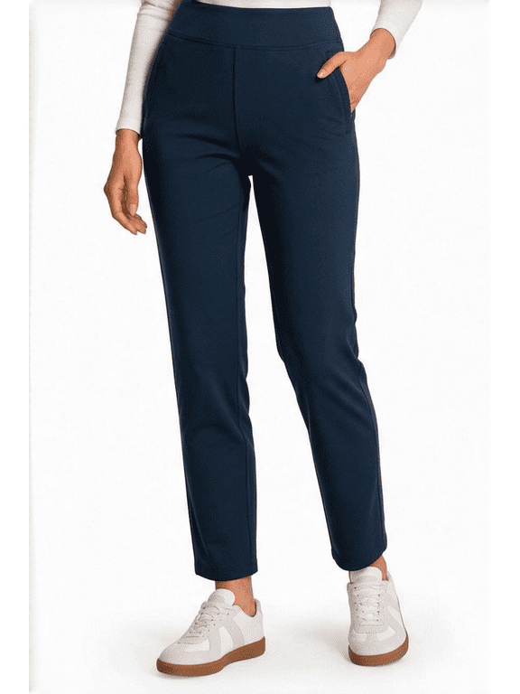 Women's Fleece Lined Winter Pants, High Waisted Stretch Pull-On Straight Leg Pants with Zipper Pockets