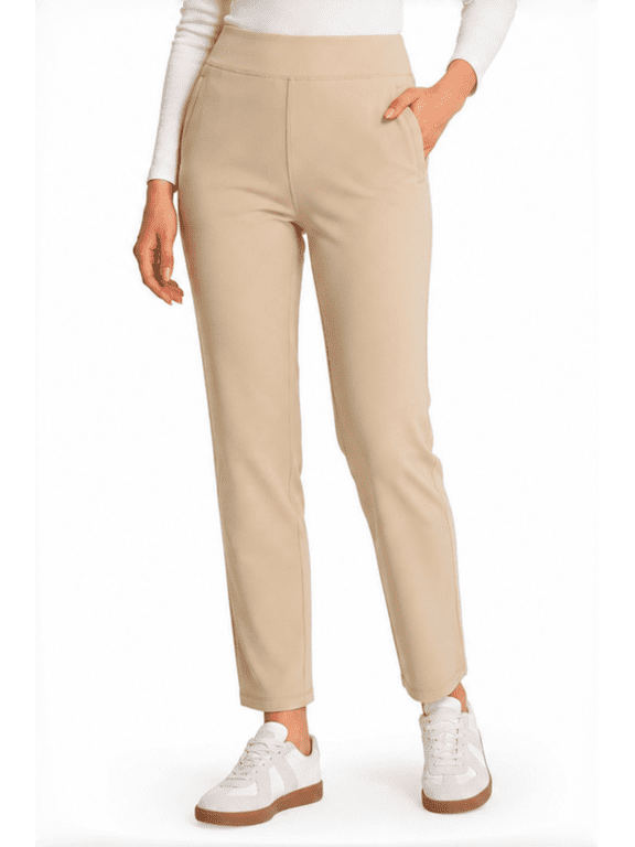 Women's Fleece Lined Winter Pants, High Waisted Stretch Pull-On Straight Leg Pants with Zipper Pockets