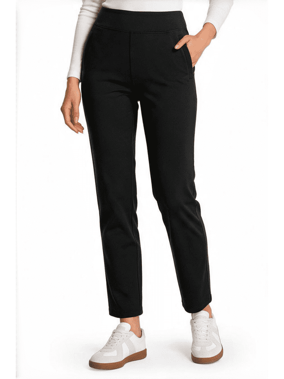 Women's Fleece Lined Winter Pants, High Waisted Stretch Pull-On Straight Leg Pants with Zipper Pockets