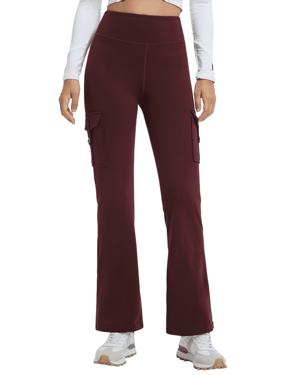 Women's Fleece Lined Flare Yoga Pants, High Waisted Stretch Bootcut Pants with 4 Button Cargo Pockets