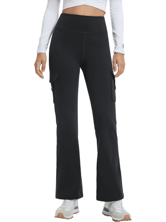 Women's Fleece Lined Flare Yoga Pants, High Waisted Stretch Bootcut Pants with 4 Button Cargo Pockets