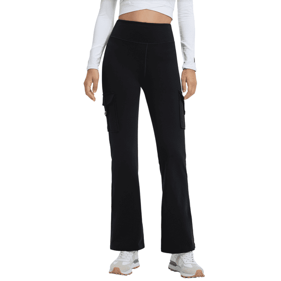 Yappo Women's Fleece Lined Flare Yoga Pants, High Waisted Stretch Bootcut Pants with 4 Button Cargo Pockets