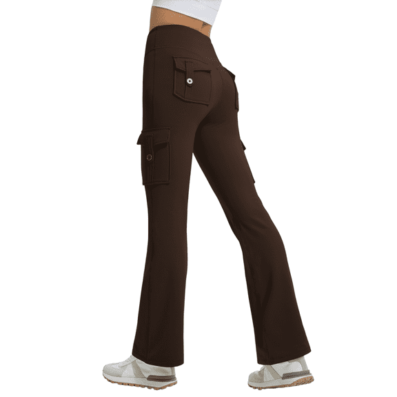 Yappo Women's Fleece Lined Flare Yoga Pants, High Waisted Stretch Bootcut Pants with 4 Button Cargo Pockets