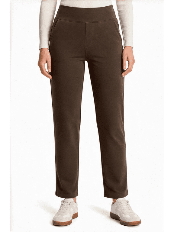 Women's Fleece Lined Winter Pants, High Waisted Stretch Pull-On Slim Straight Leg Pants with 4 Pockets