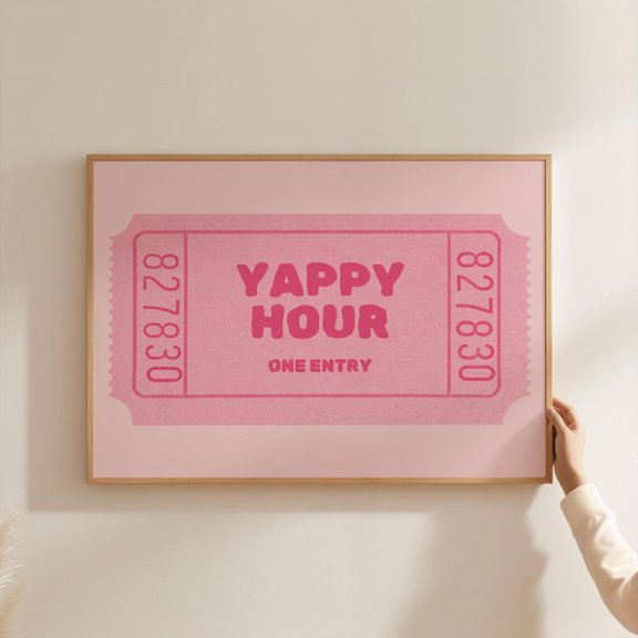 Yappy Hour Ticket Poster | Kitchen Bar Cocktail Art, Happy Hour Pink, Trendy Posters For Retro Wall Art Landscape Horizontal, Unframed Poster Size 12x18