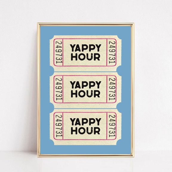 Yappy Hour Ticket Print, Light Blue Wall Art, Kitchen Decor, Cocktail Art, Bar Cart Print, Kitchen Wall Art, Print UNFRAMED PAPER POSTER, Home Decor, Vintage Gift, Living Room Dercor