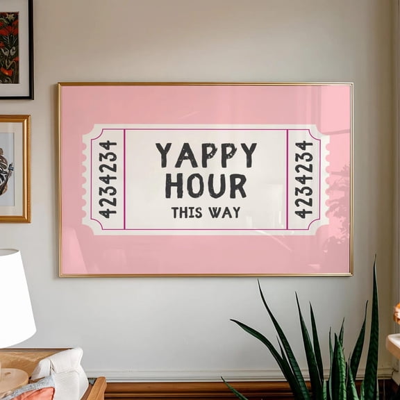 Yappy Hour Ticket Print Poster Retro Bar Cart Sign, Pink Neutral Decor, Size 16x24 UNFFRAMED F03.1.6l854