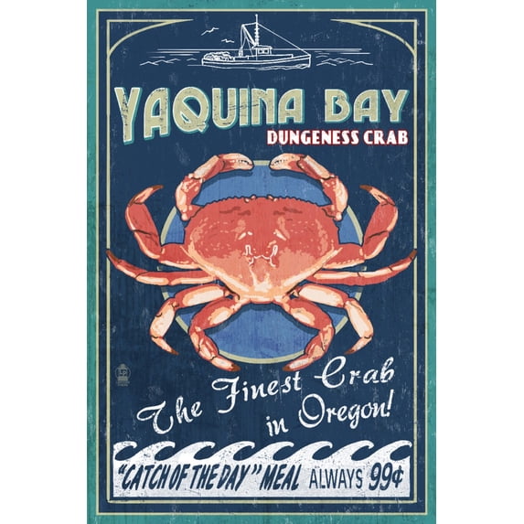Yaquina Bay, Oregon, Dungeness Crab Vintage Sign (12x18 Wall Art Poster, Room Decor)