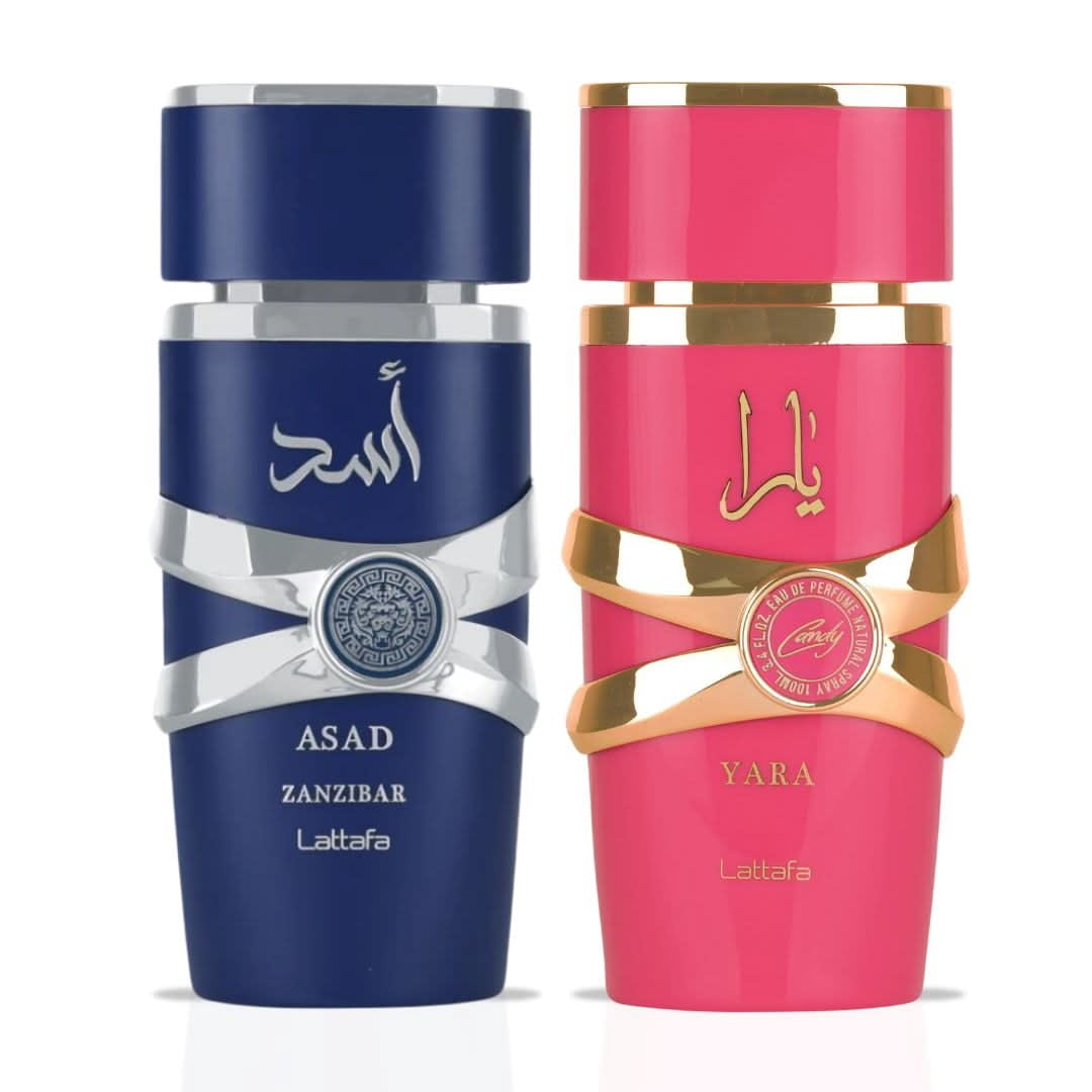 Yara Candy & Asad Zanzibar Eau de Parfum Sprays 100ml (3.4 oz) by Lattafa (Bundle)