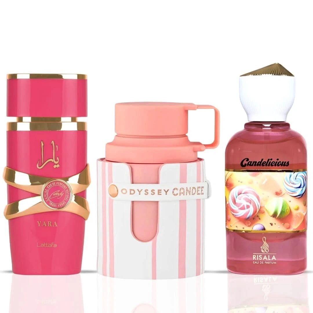 Yara Candy by Lattafa, Odyssey Candee by Armaf & Candelicious by Risala - Eau de Parfum Sprays 100ml (3.4 oz) (Bundle)