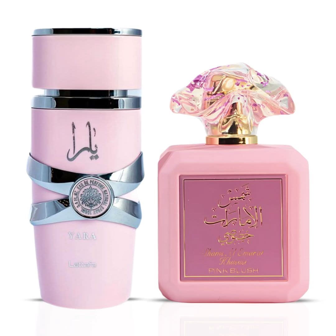 Yara by Lattafa & Pink Blush Shams Al Emarat Khususi by Ard Al Zaafaran - Eau de Parfum Sprays 100ml (3.4 oz) (Bundle)