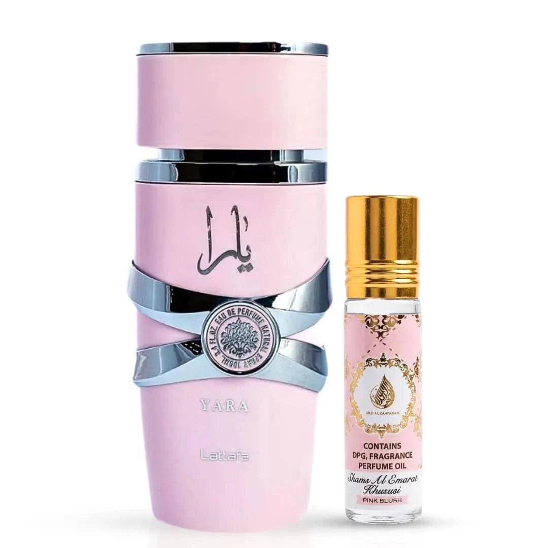 Yara EDP Spray 100ML (3.4 oz) by Lattafa & Pink Blush Shams Al Emarat Khususi Roll-On Perfume Oil 10ml (0.34 oz) by Ard Al Zaafaran (Bundle)