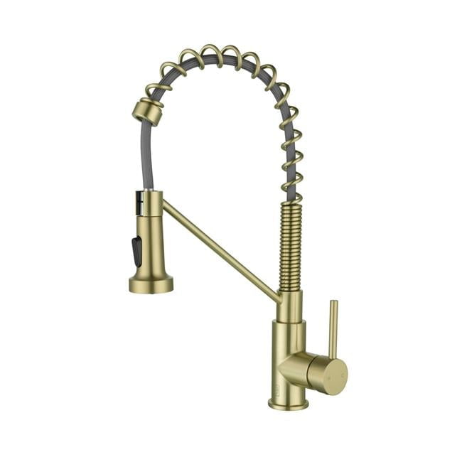Brushed Gold Brass Spring Neck Kitchen Faucet with Pull-out Spray
