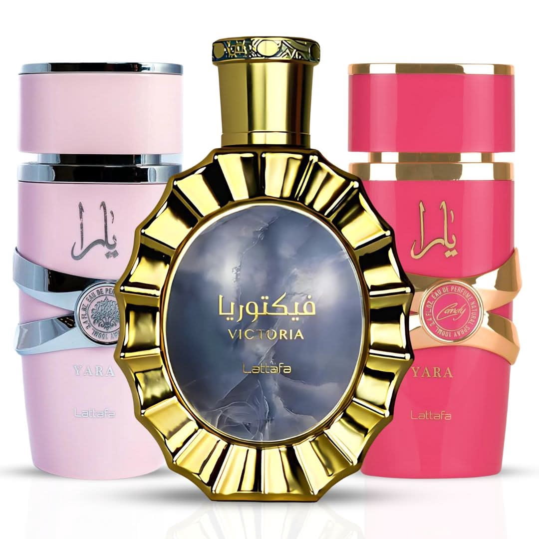 Yara, Yara Candy & Victoria Eau de Parfum Sprays 100ml (3.4 oz) by Lattafa (Bundle)