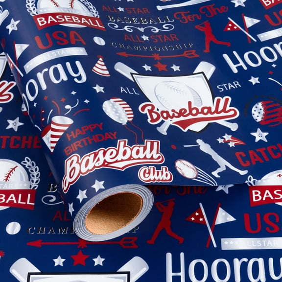 Yarcony Baseball Wrapping Paper Roll - 17in x 16.5ft,Sports Birthday Gift Wrapping Paper for Boys Men, Blue Baseballs, Bats & Player Silhouettes Gift Wrap for Birthday, Father's Day, Graduation