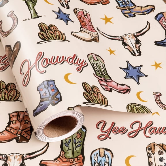 Yarcony Western Cowboy Wrapping Paper, Cowgirl Boots Hat Cactus Gift Wrap, Vintage Wild West Style Gift Wrapping Paper for Birthday, Farm Party, Christmas, Holiday (17 In x 16.5 Ft, Mini Roll)