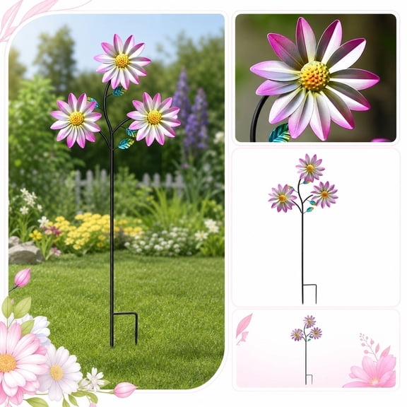 Yard Art Outdoor and Garden, Metal Flower Garden Stakes, Front Yard Decorations Outdoor, Flower Bed Decorations Outdoor, 38X16 Inch Creative 3 Daisy Design Rotating Windmill Metal