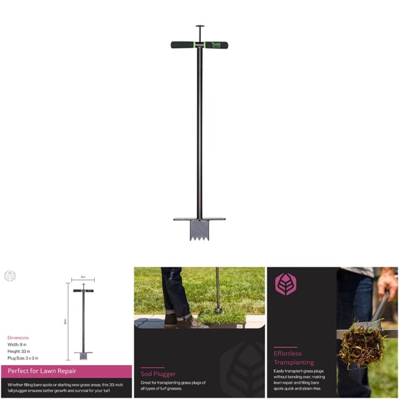 Yard Butler SP-33 Sod Plugger Tool for Grass Plugs - Manual Lawn Aerator with 3x3-Inch Plug Size, Durable Steel Construction, Ergonomic No-Bend Design, Versatile for All Major Turf Types