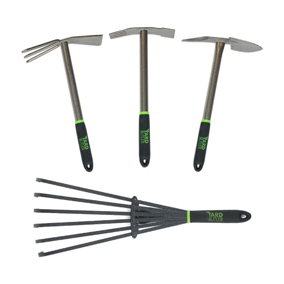Yard Butler Unbreakable All Steel Garden Hand Tool Set with Heavy Duty Pick Axe, Hand Cultivator, Hand Rake and Hoe Garden Tool - Dual Action Head - Great for Working in The Garden and Flower Beds