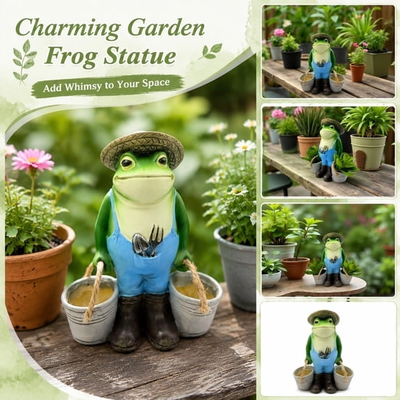 Yard Decorations Outdoor, Outdoor Yard Decor, Gardening Decor, Whimsical Home Decor, 6X5.5X2.5 Inch Resin Straw Hat Frog Farmer Statue Carrying Pails for Porch and Outdoor Planter