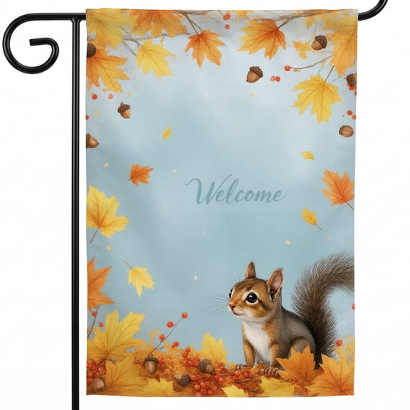 Yard Flag Fall 28 x 40 A squirrel sitting on top of a pile of leaves Fall Garden Flags for Outside