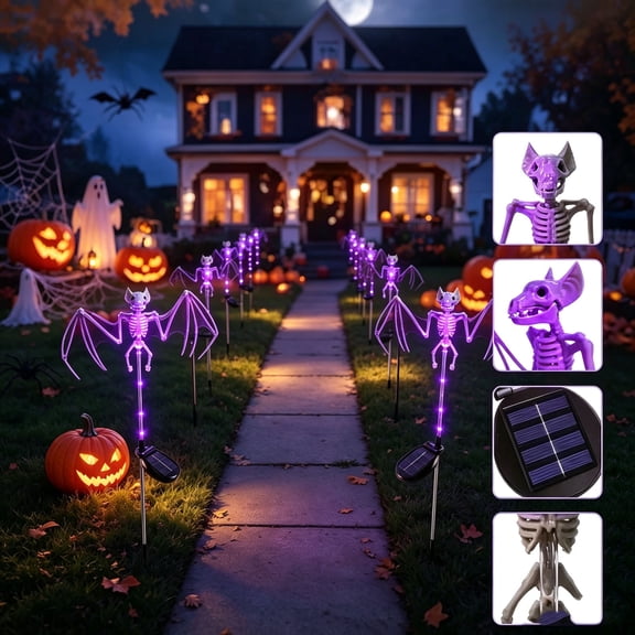 Yard Light,Bat Skull Solar Ground Stake Lamp With Weather Resistant Waterproof Shell,Driveway Patio Fixture Used For Fall Outdoor Halloween Front Yard Decor(Purple)