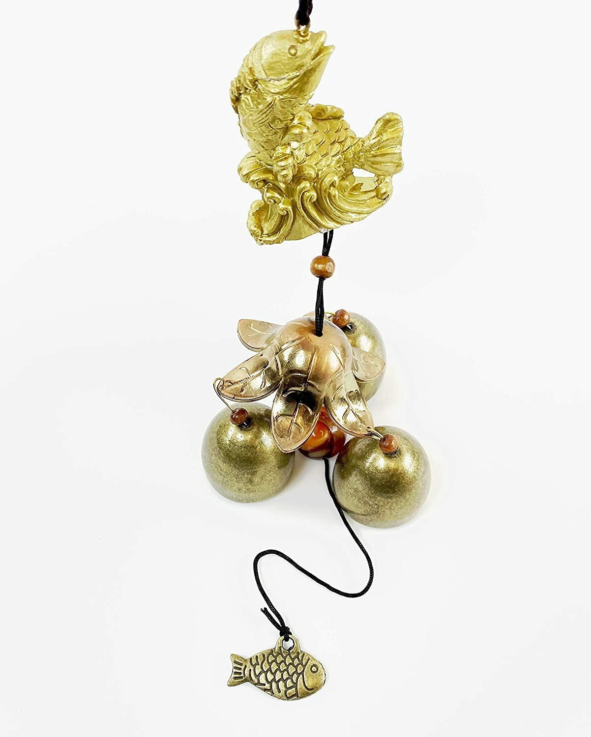 Yard Patio Decor Wind Chime Gold Fish Design w Brass Bells Hanging Carp Ornament KT00248