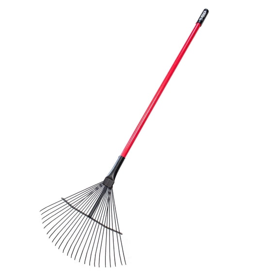 Yard Rake with 24 Carbon Steel Tines, Triple Wall Fiberglass Handle for Tough Debris, Red